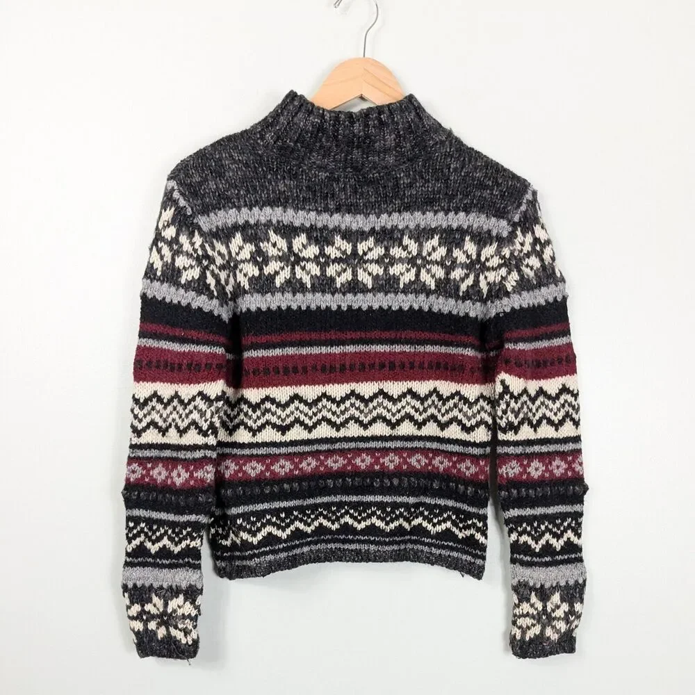 Vintage Sweater 90s Turtuleneck Chunky Stripe Snowflake Wool Isle Red Gray S